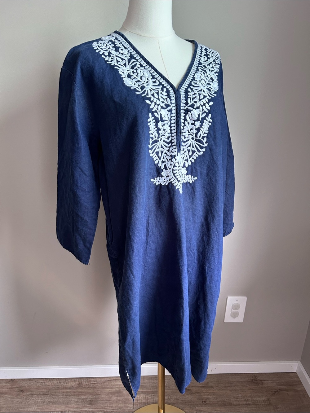 Linen Navy Tunic Dress White Embroidered V-Neck slits at sides summer